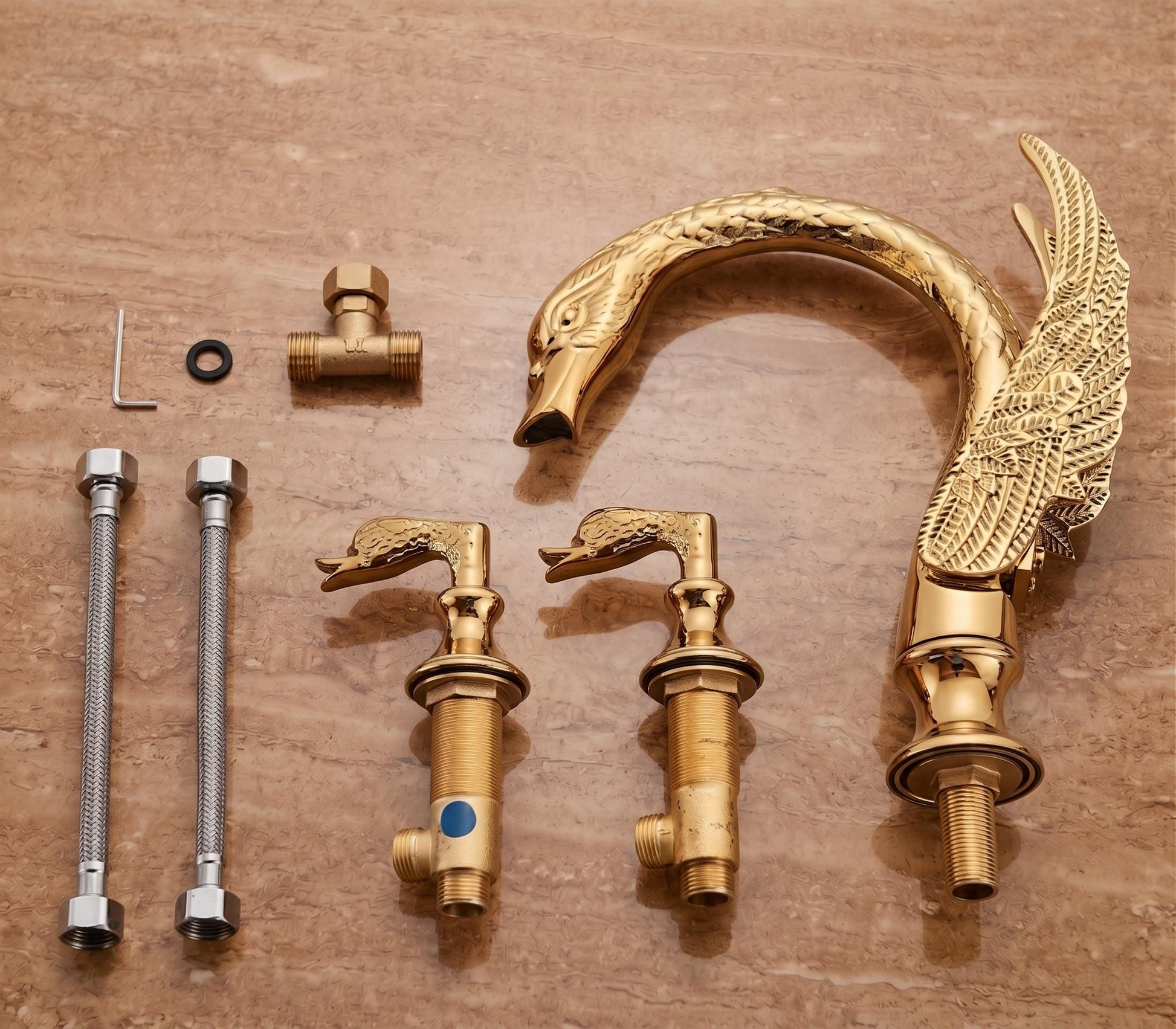 Robinet de lavabo cygne doré à 3 trous en laiton – vue 5