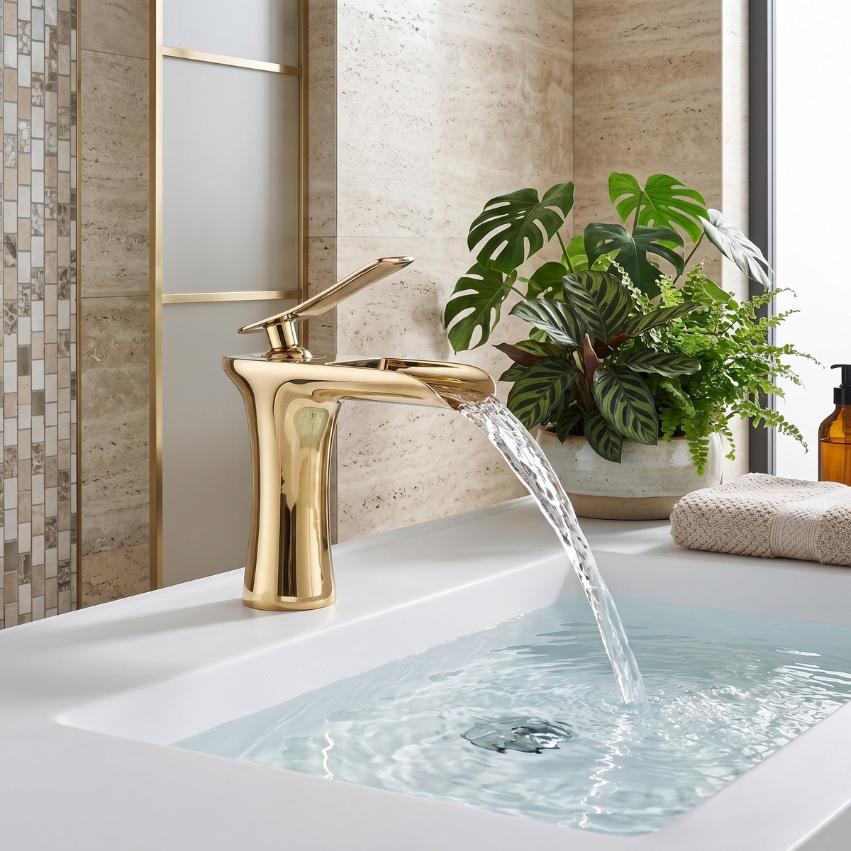 Robinet cascade de lavabo en laiton doré – vue 1