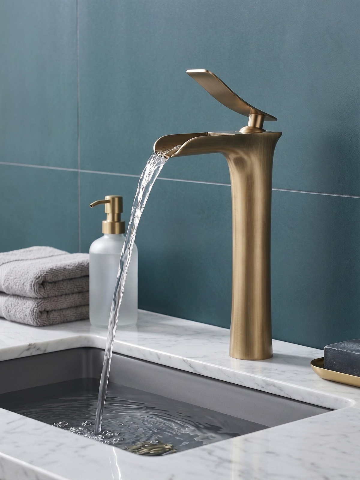 Robinet cascade haut de vasque en bronze antique – vue 1