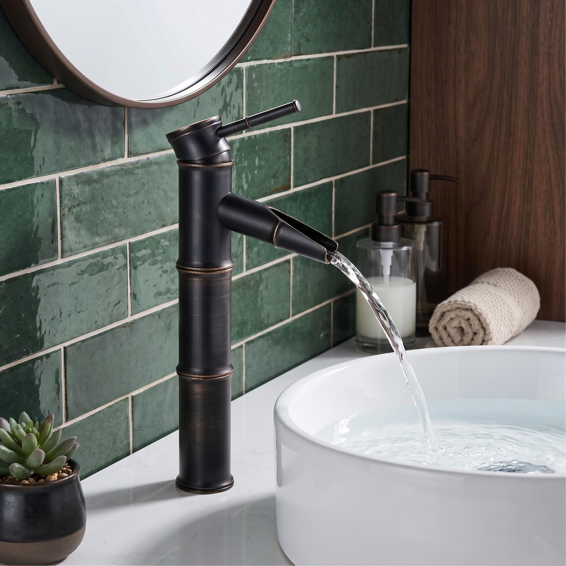 Robinet cascade haut de vasque style bambou en bronze noir – vue 1