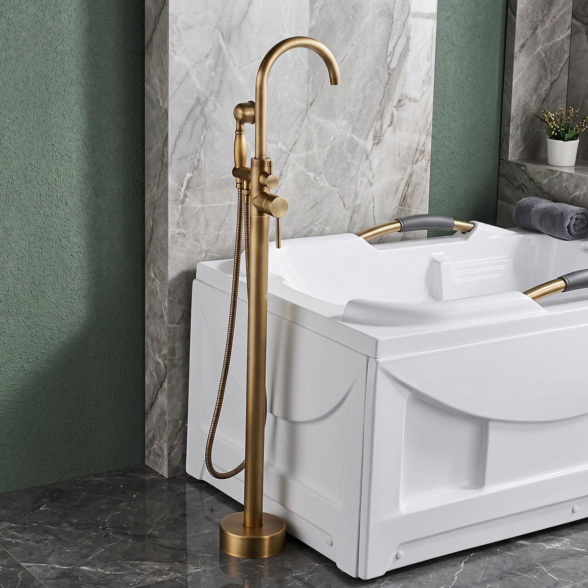 Robinet de baignoire sur pied en laiton antique avec douchette – vue 1