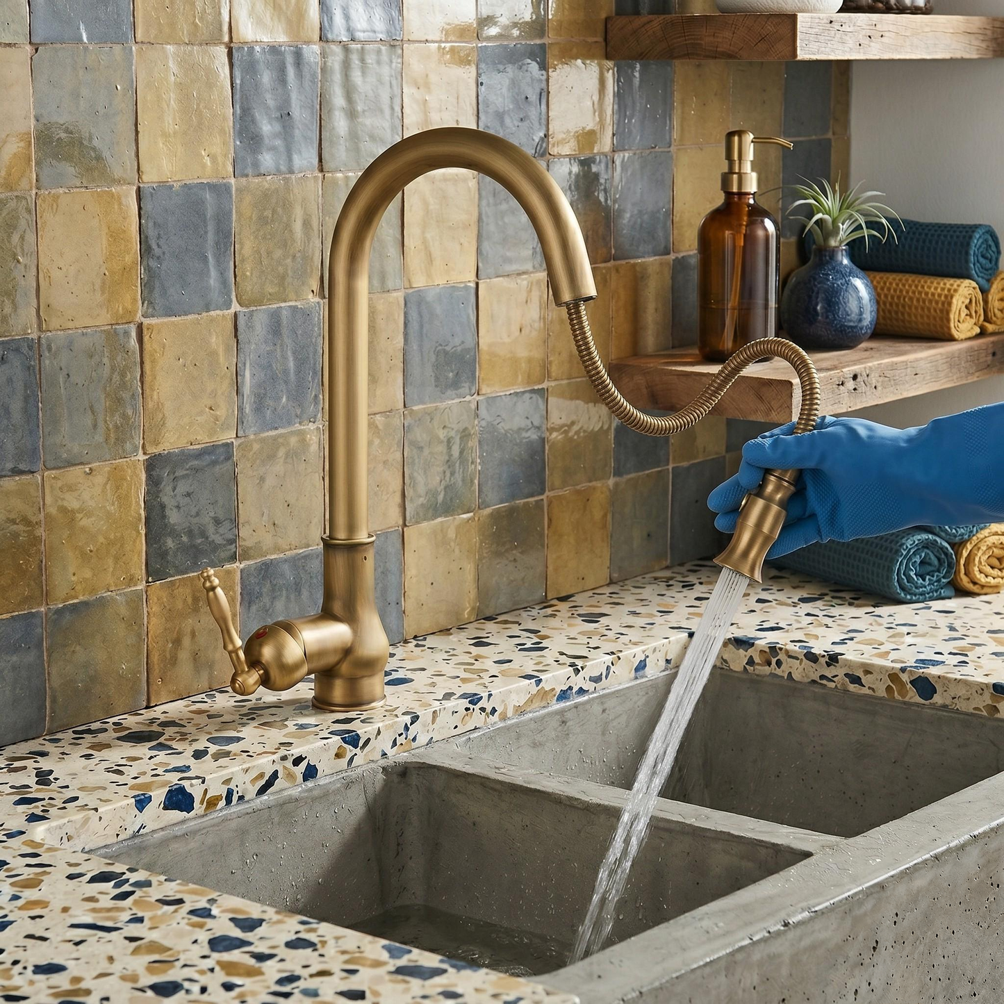 Robinet de cuisine extractible en laiton antique – vue 4
