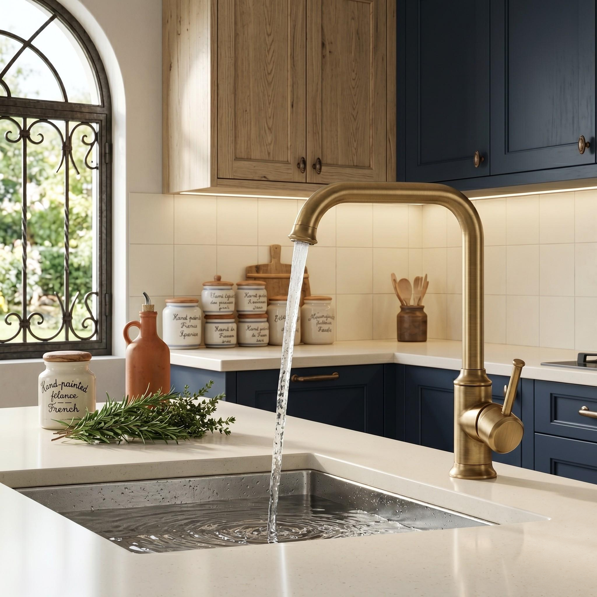 Robinet de cuisine rétro en bronze antique à bec orientable – vue 1