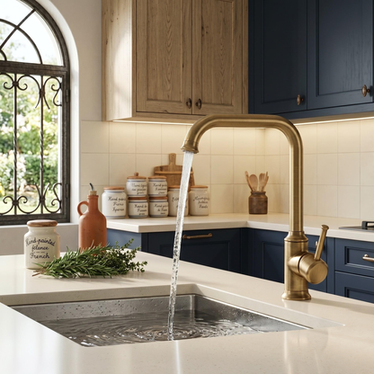 Robinet de cuisine rétro en bronze antique à bec orientable – vue 1
