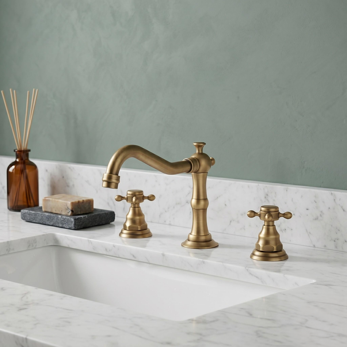 Robinet de lavabo 3 trous en laiton antique – vue 1