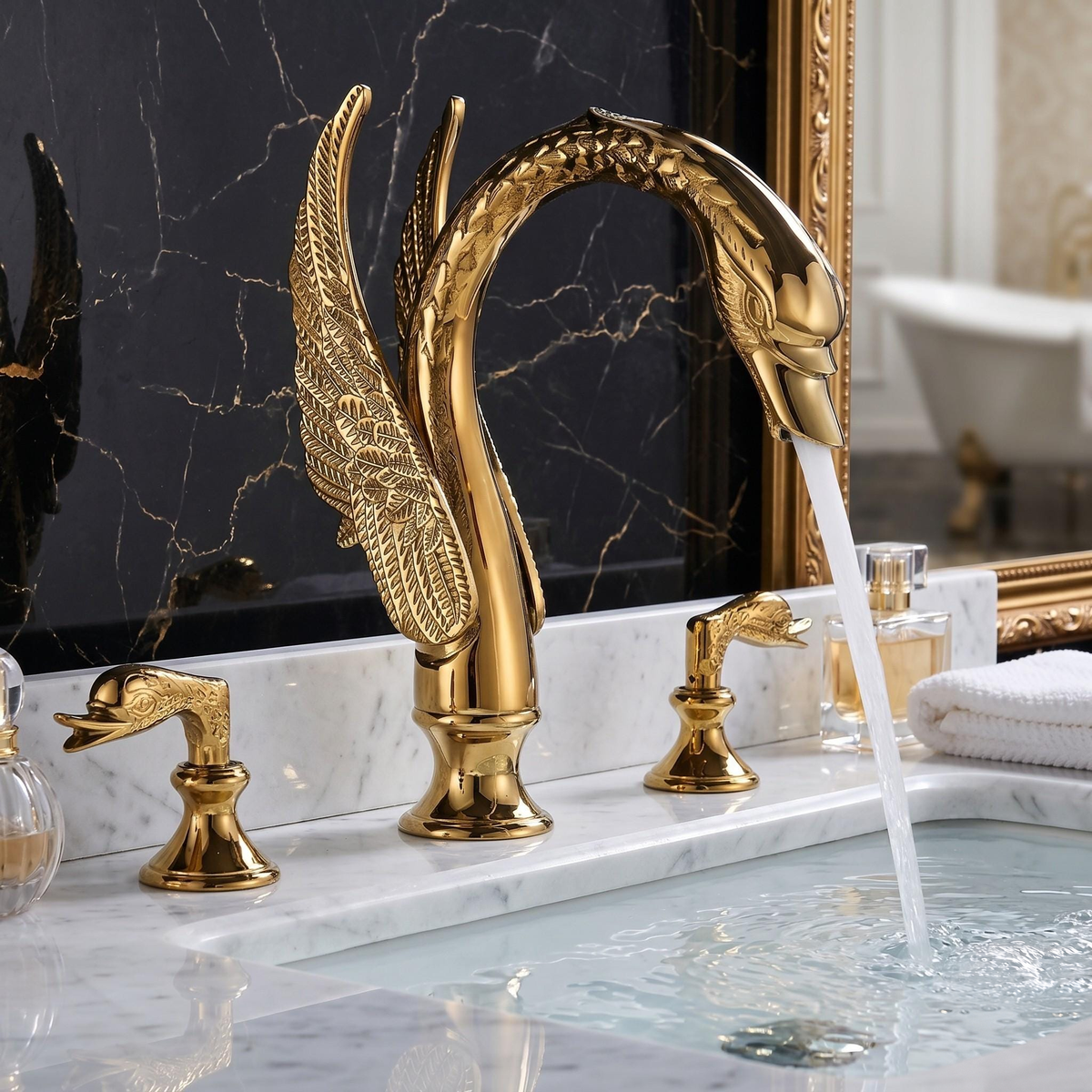 Robinet de lavabo cygne doré à 3 trous en laiton – vue 1