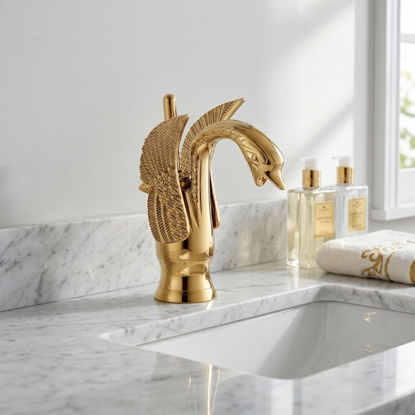 Robinet de lavabo cygne doré en laiton – vue 1