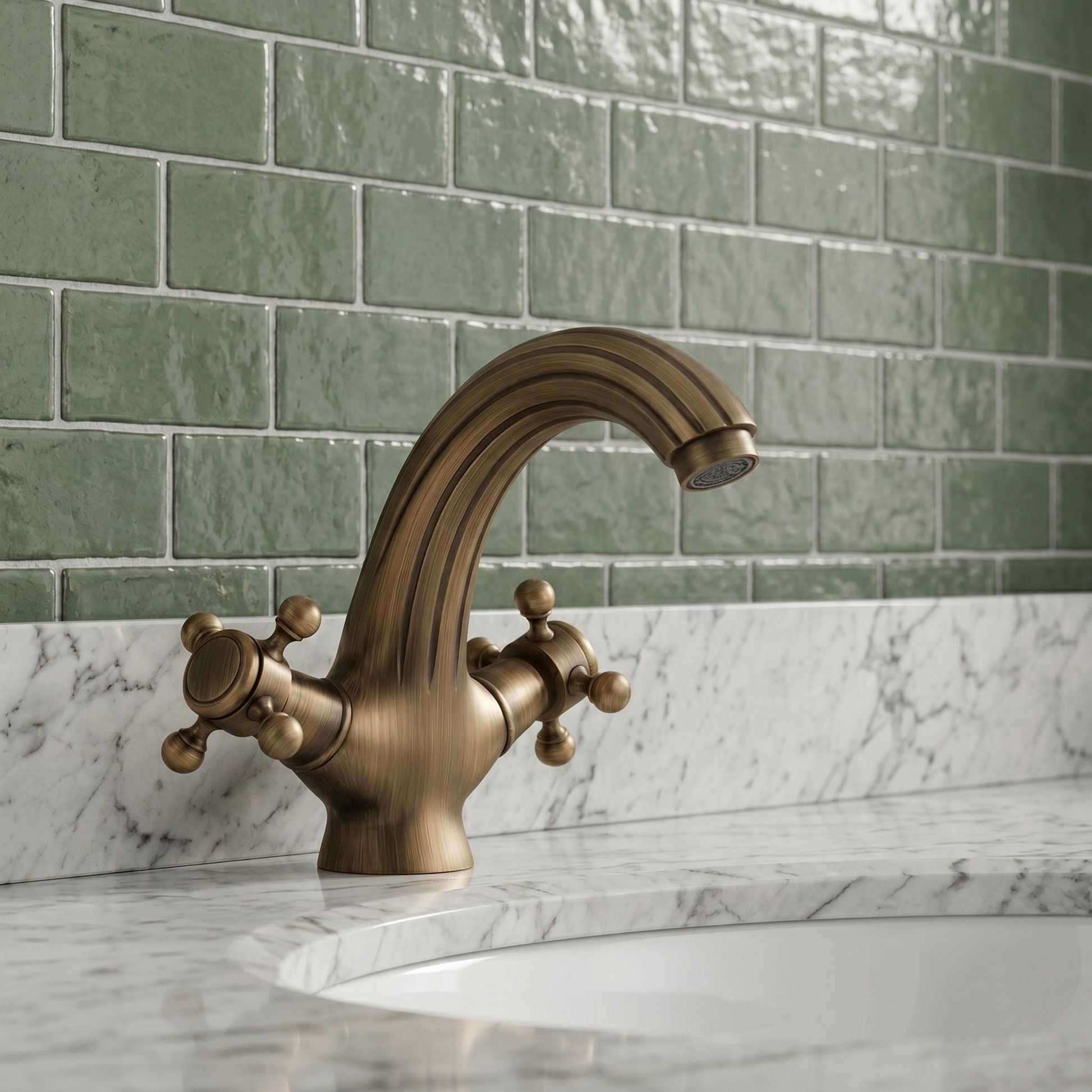 Robinet de lavabo européen en laiton antique à poignées croisées – vue 1
