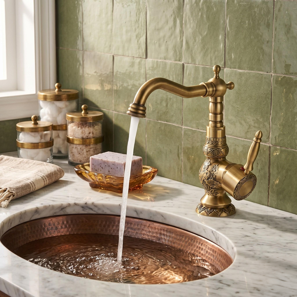 Robinet de lavabo gravé en laiton antique – vue 1