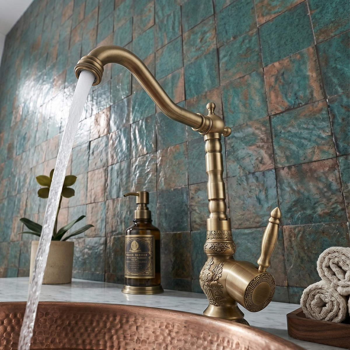 Robinet haut de vasque floral en laiton antique – vue 2