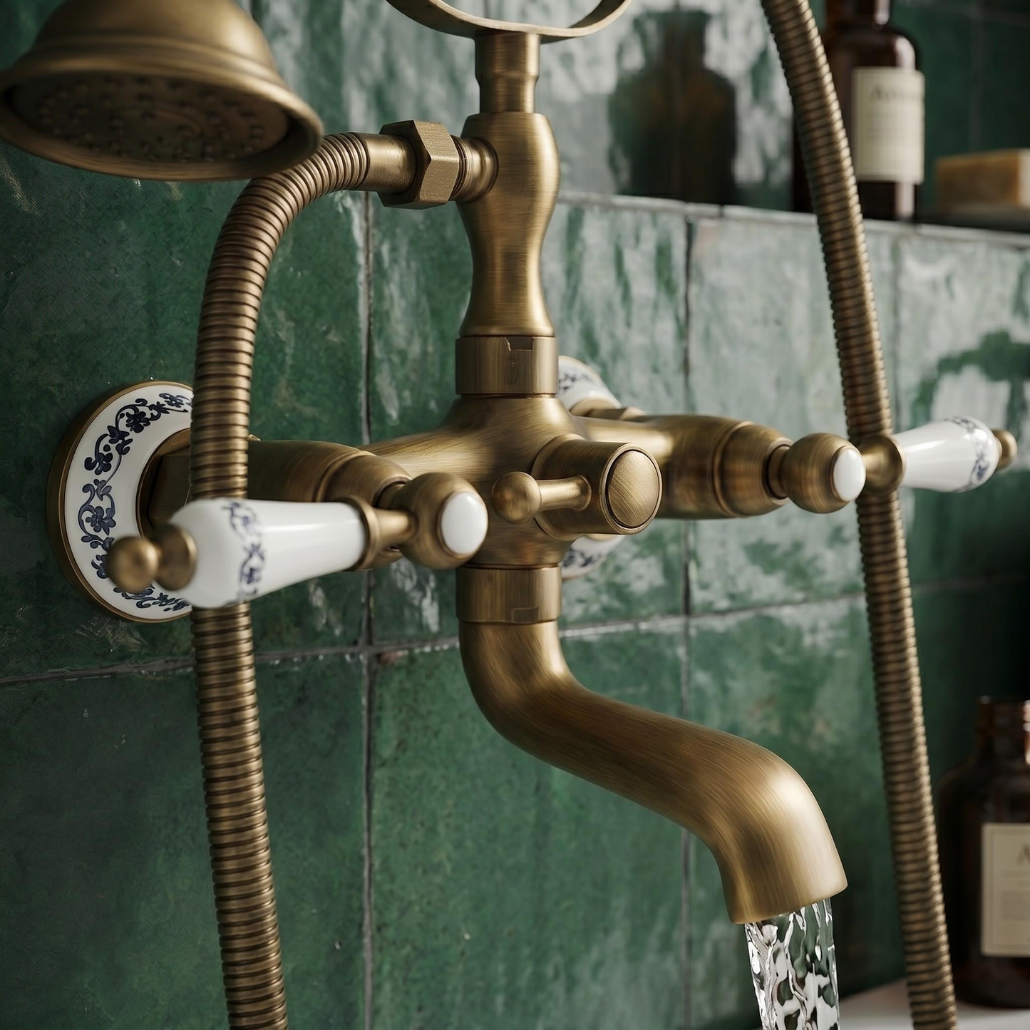 Robinet mural de baignoire rétro en laiton antique avec douchette – vue 2