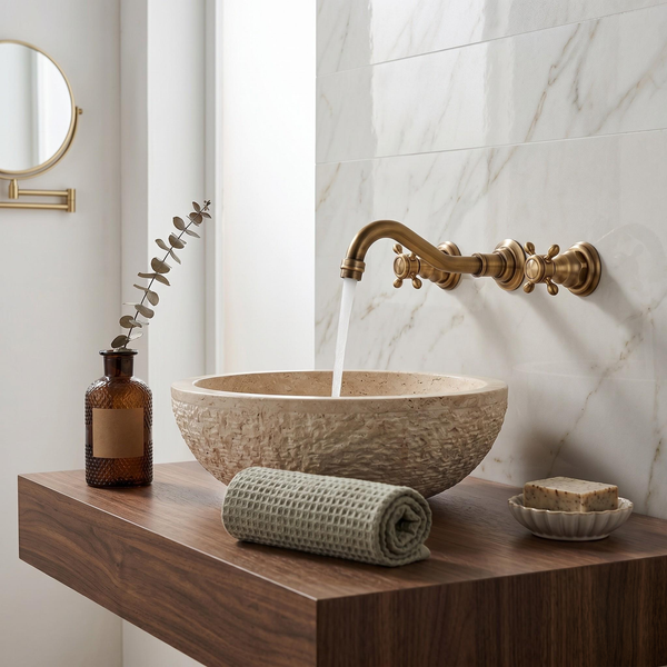 Robinet mural de lavabo 3 trous en laiton antique – vue 1