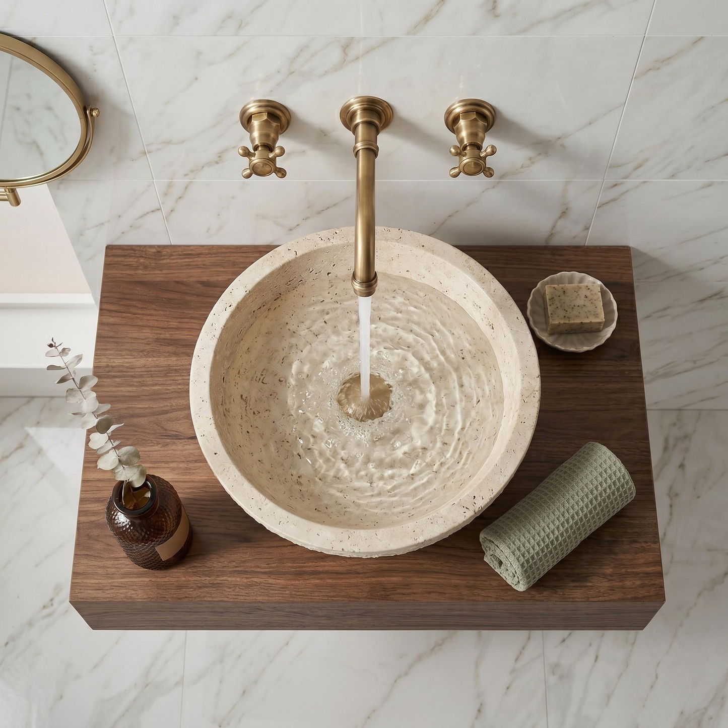 Robinet mural de lavabo 3 trous en laiton antique – vue 2
